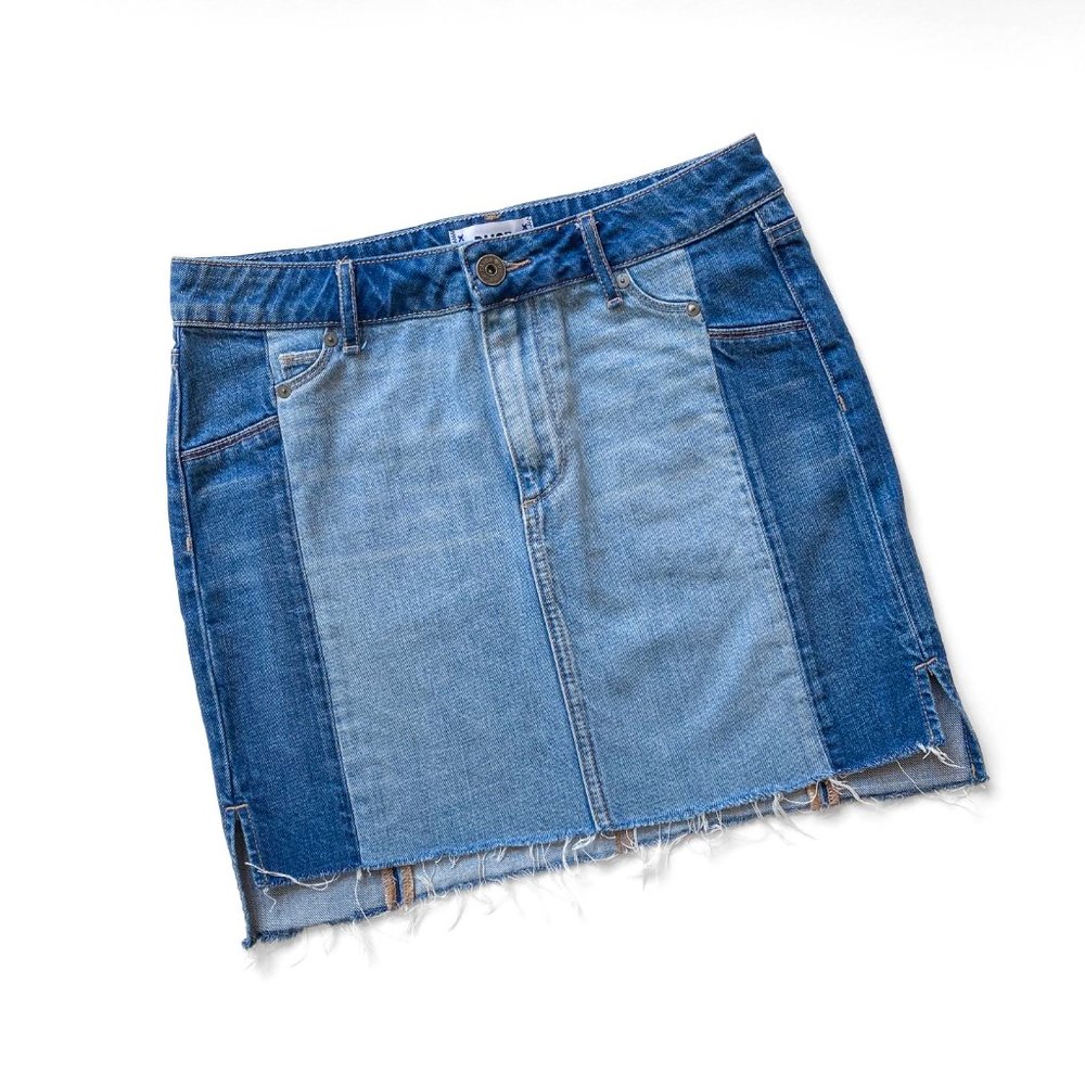 PAIGE Two Tone Cutoff Denim Mini Skirt